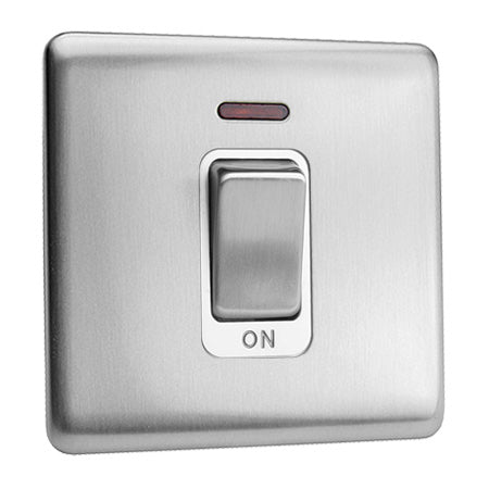 Excel Screwless Satin Chrome 45A 1 Gang Rocker Switch with Neon - White Insert