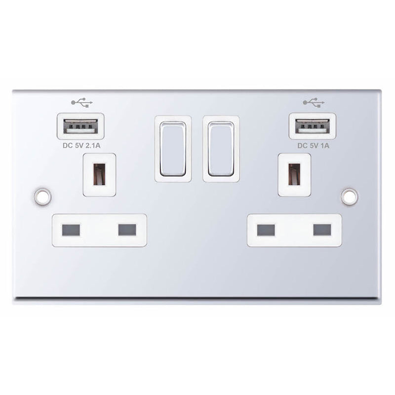 2 Gang 13 Amp Socket with 2 x USB Ports SP – Switched White