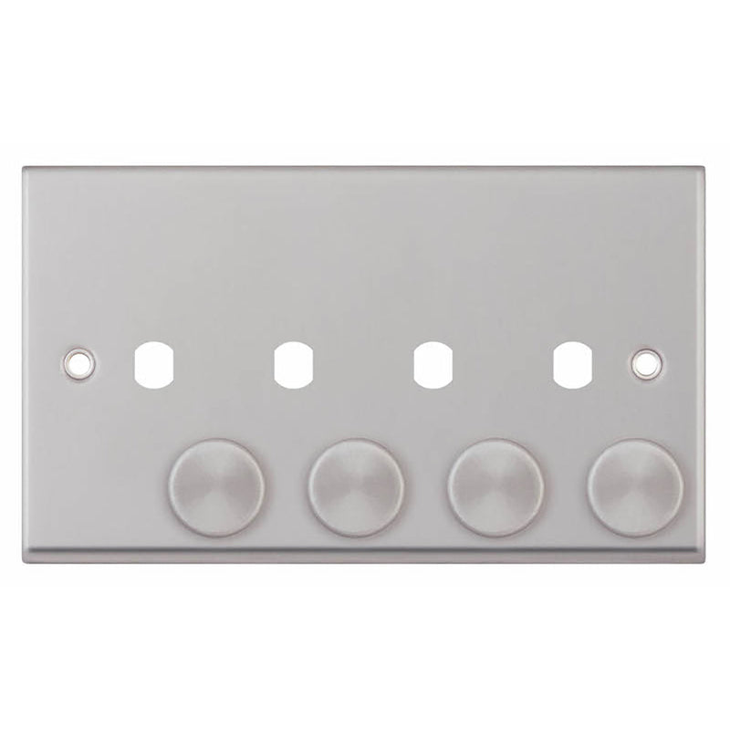 4 Aperture Empty Dimmer Plate with Knobs – Satin Chrome