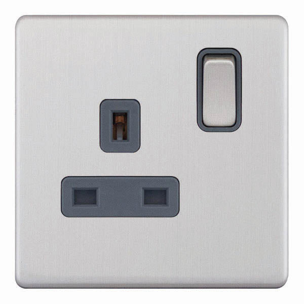 Excel Screwless Satin Chrome 13A 1 Gang Single Socket - Black Insert