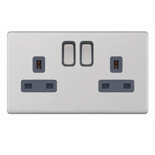 Excel Screwless Satin Chrome 2 Gang Twin Double Socket - Black Insert