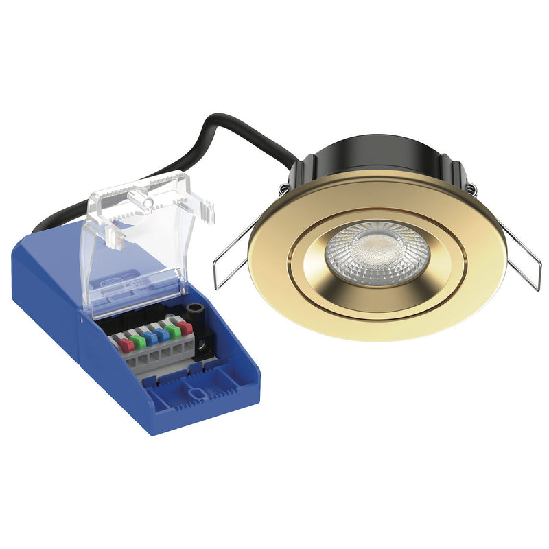 PushGlo PRO CCT Duo Wattage Tilt Fire Rated Downlight - Satin Brass