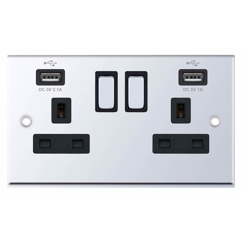 2 Gang 13 Amp Socket with 2 x USB Ports SP – Switched Black