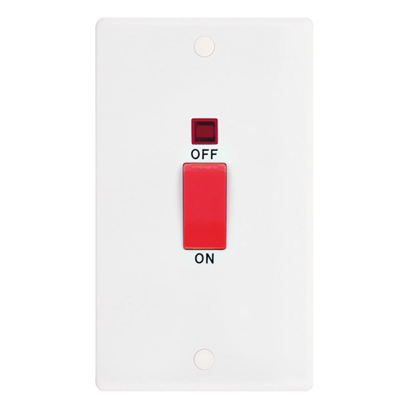 45 Amp DP Switch with Neon – 2 Gang Plate – Red Rocker