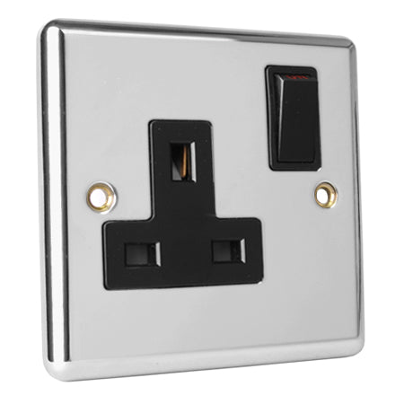 Magna Chrome 13A Switched 1 Gang Single Socket - Black Insert