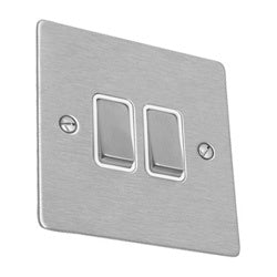 Hamilton Sheer Flat Plate 2 Gang 2 Way Rocker Light Switch - Satin Stainless with White Inserts