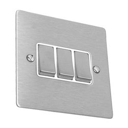 Hamilton Sheer Flat Plate 3 Gang 2 Way Rocker Light Switch - Satin Stainless with White Insert