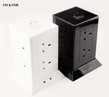 White - 13A (S/P) 8 socket tower with 2 USB ports and 1.5m lead, C92