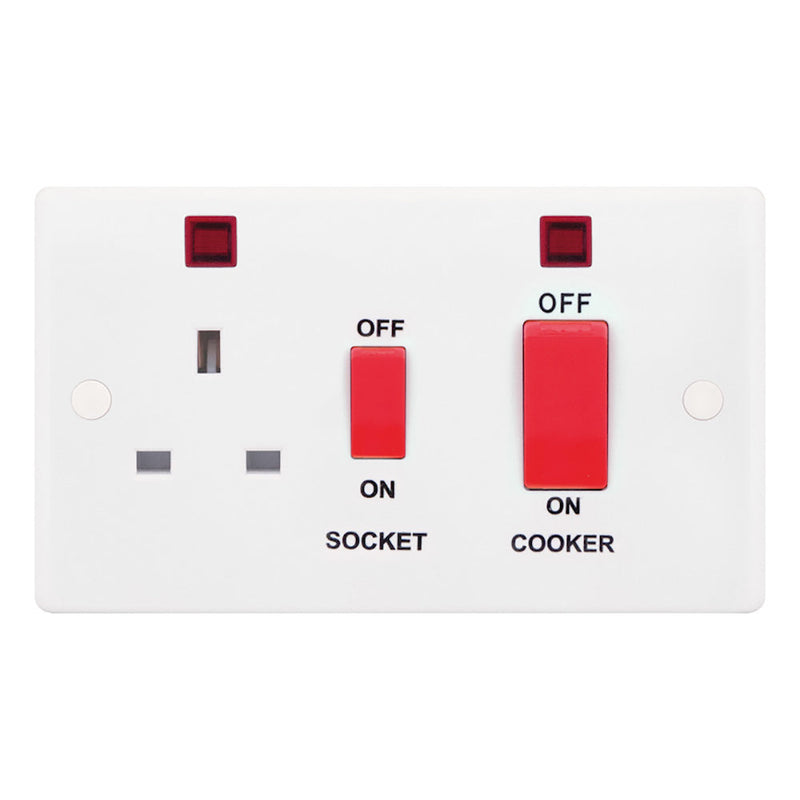 45 Amp Cooker Unit with 13 Amp Switched Socket & Neons – Red Rockers