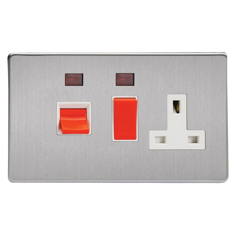 Varilight 45A Cooker Panel + Neon with 13A Double Pole Switched Socket Outlet (Red Rocker) - White