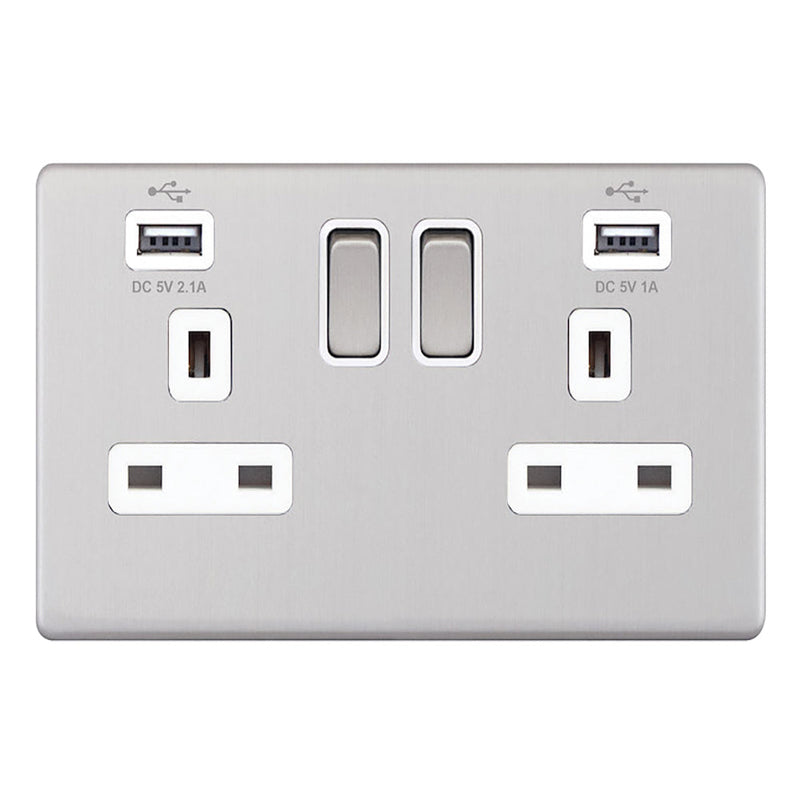13A TWIN SWITCHED SOCKET WITH USB SOCKETS S/CHROME WHITE INS