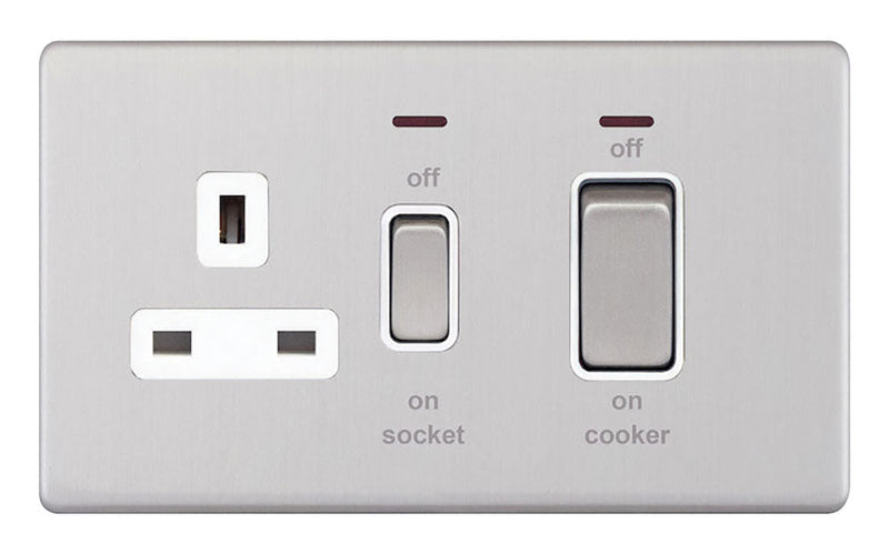 Screwless Satin Chrome 45A 1 Gang Cooker Switch with Neon + 13A Socket - White Insert