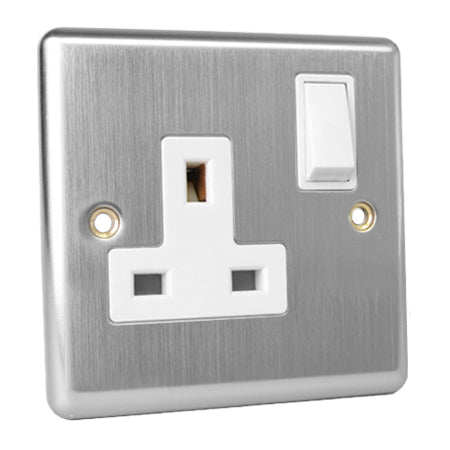 Excel Brushed Steel 13A Switched 1 Gang Single Socket - White Insert