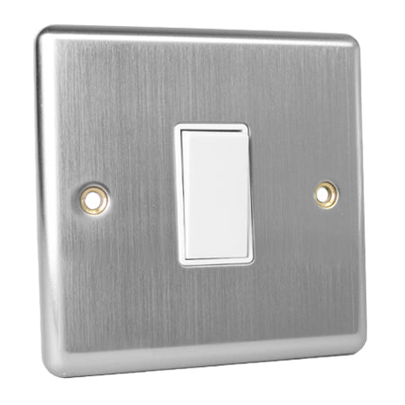 Excel Brushed Steel 1 Gang 2 Way Light Switch - White Insert 