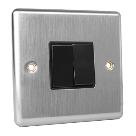 Excel Brushed Chrome 10A 2 Gang 2 Way Light Switch - Black Insert