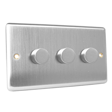 Excel Brushed Steel 3 Gang 2 Way 400W Push Dimmer Light Switch 