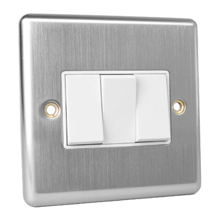 Excel Brushed Steel 10A 3 Gang 2 Way Light Switch - White Insert	