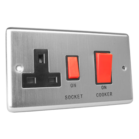 Excel Brushed Chrome 45A Cooker Switch & 13A Switched Socket - Black Insert 