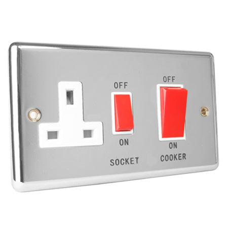 Excel Polished Chrome 45A Cooker Switch & 13A Switched Socket - White Insert