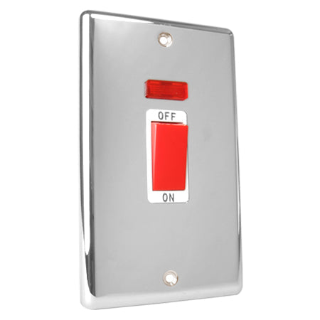 Excel Polished Chrome 45A Double Pole Switch with Neon - White Insert 