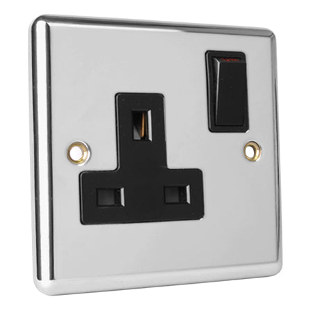 Excel Chrome 13A Switched 1 Gang Single Socket - Black Insert