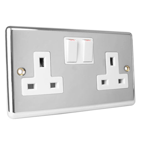 Excel Polished Chrome 13A Twin Switched Socket - White Insert