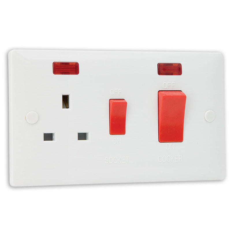 Slimline White 45A Cooker Control with 13A Socket & Neon
