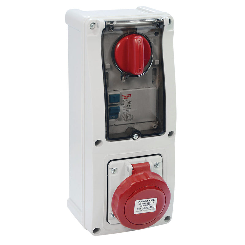 Famatel (No RCD included)- 16a 415v 3P+N+ E Red vertical switched interlocked socket IP67 weather proof