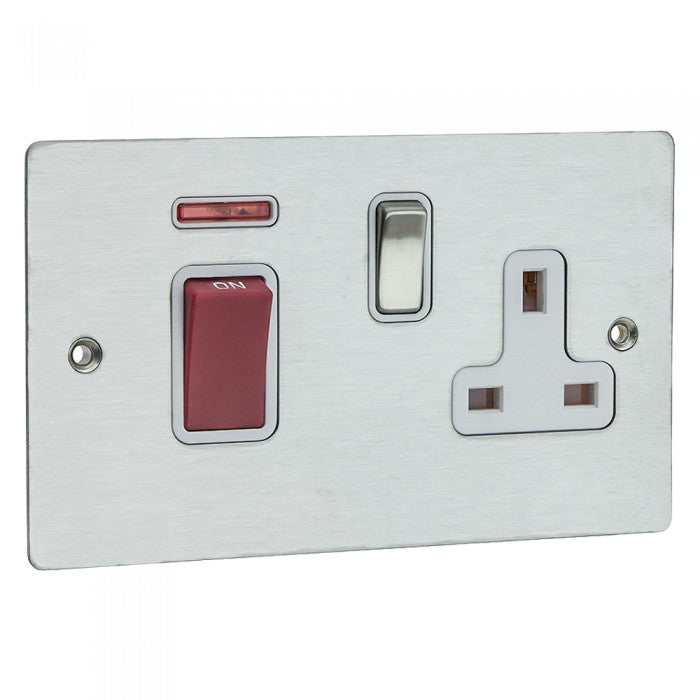 Hamilton Sheer Flatplate 45A Cooker Switch & 13A Switched Socket -Satin Stainless White Insert
