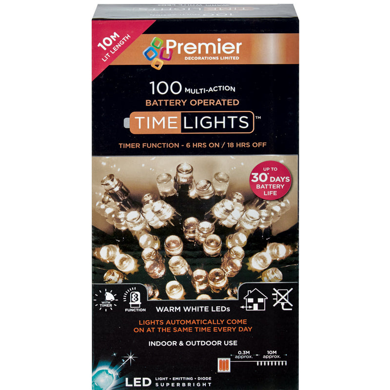 100 LED Festive Lights With Timer In Warm White