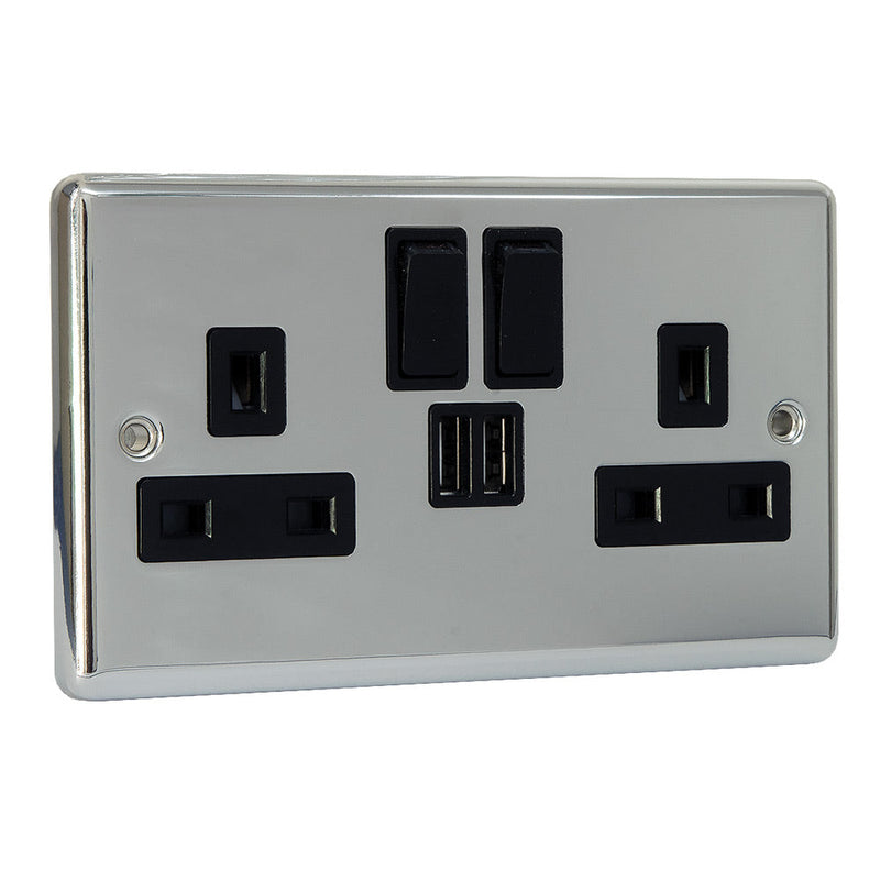 Magna Chrome Switched 2 Gang Twin Double Socket with USB - Black Insert