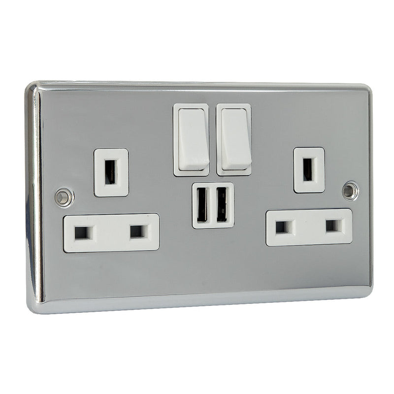 Magna Chrome Switched 2 Gang Twin Double Socket with USB - White Insert